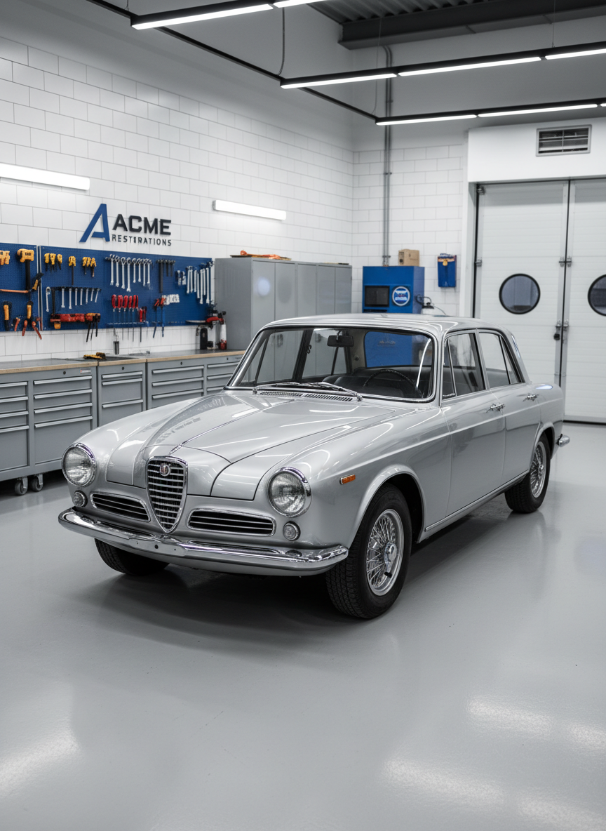 A meticulously restored metallic silver sedan parked inside a spotless, modern auto body shop bay. The car’s freshly polished surface reflects overhead LED strip lights and the organized rows of tools on the walls. The epoxy-coated floor gleams with a subtle reflection of the vehicle’s contours. In the background, neatly arranged paint cabinets, a closed spray booth door, and diagnostic equipment are softly blurred. Photographic realism with a clean, professional aesthetic, captured at eye level from the front three-quarter angle, with sharp focus on the car and a gentle falloff into the background, conveying precision, trust, and top-tier craftsmanship.