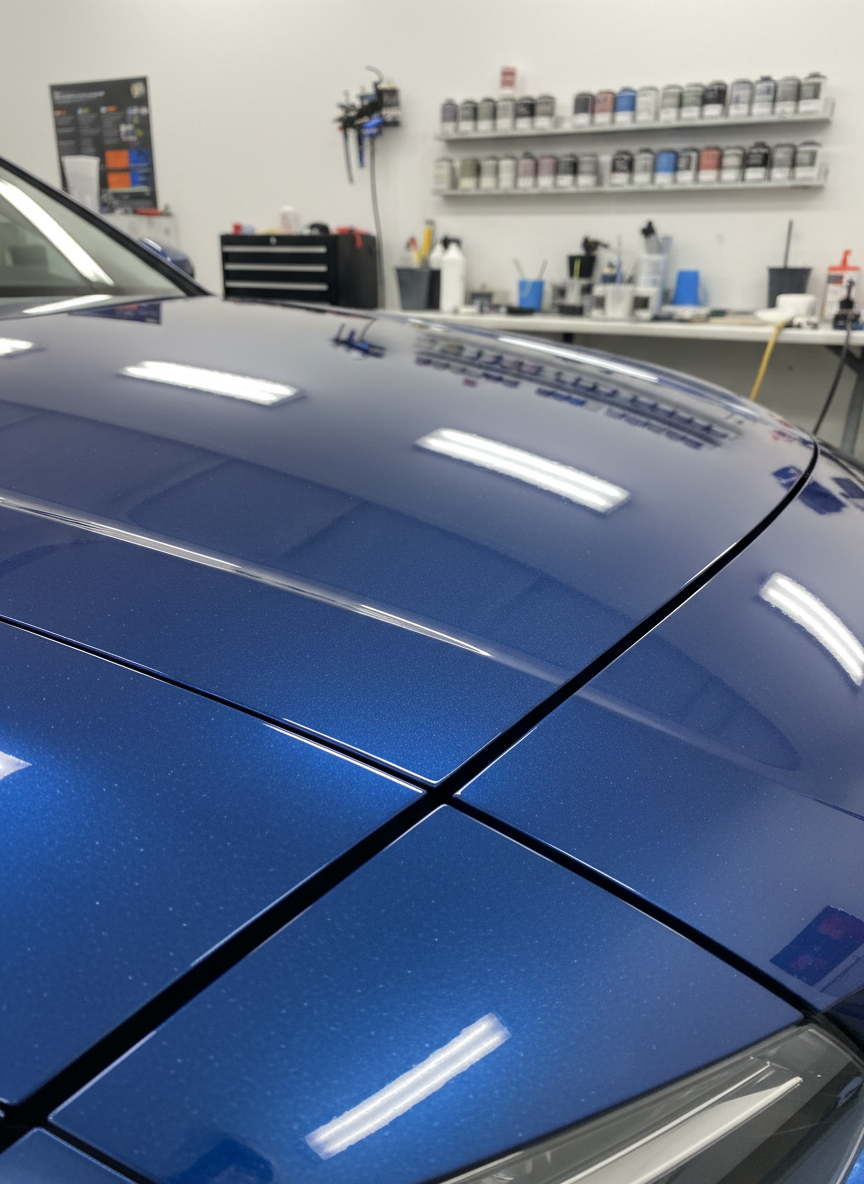 A close-up view of a deep blue car hood showcasing a flawless mirror-like paint finish, tiny metallic flakes shimmering subtly under bright, diffused workshop lighting. The perfectly aligned hood gap lines meet a pristine front fender with no visible imperfections. Reflections of soft white light panels stretch across the surface, emphasizing the smooth curvature of the metal. In the blurred background, shelves of color-matched paint cans and mixing tools hint at advanced refinishing capabilities. Photographic realism, shot with a shallow depth of field from a low angle near the panel, evoking meticulous attention to detail and high-end collision repair quality.