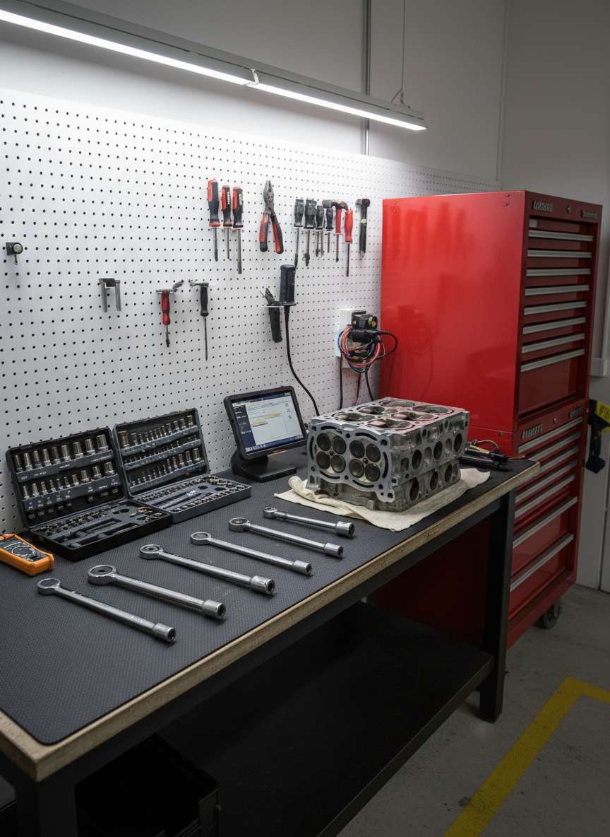 An organized auto repair workbench in a professional garage, featuring neatly arranged torque wrenches, socket sets, and diagnostic devices laid out on a clean rubber mat. A partially disassembled engine component rests on the bench, its machined metal surfaces catching the cool, even light from overhead LEDs. Behind, a pegboard wall holds labeled hand tools, and a closed red tool cabinet stands to the side. The concrete floor is spotless, with painted safety lines visible at the edge of the frame. Photographic realism with a slightly elevated angle and sharp focus throughout, creating a mood of reliability, precision, and professionalism.